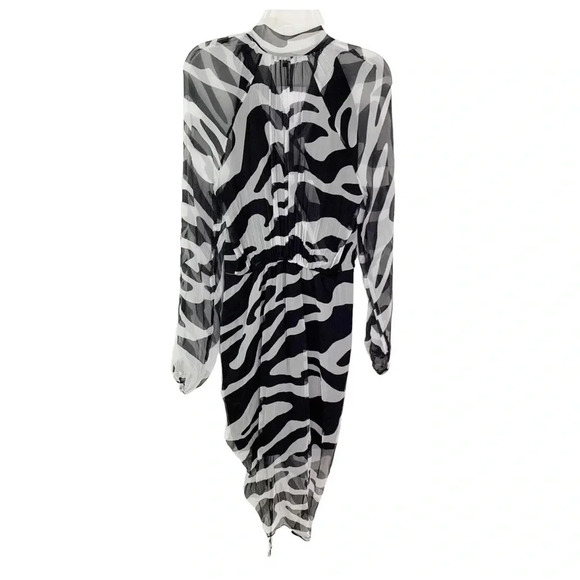 MOTHER OF ALL Vera Ruched Long Sleeve Silk Dress Black and White size 8/10 NWT - Picture 7 of 13